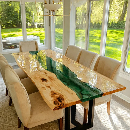 Luxury epoxy dining table integrated into contemporary home interior design