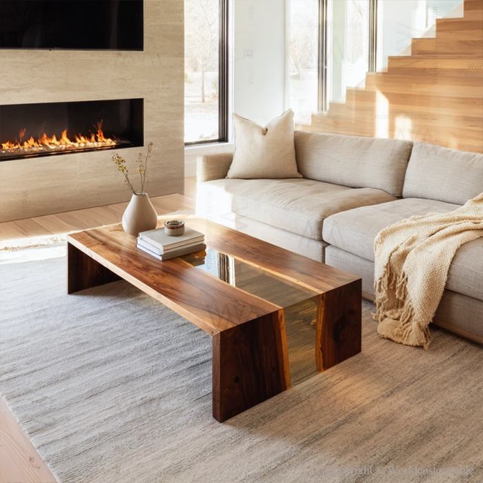 Custom epoxy waterfall table highlighting natural walnut wood grain