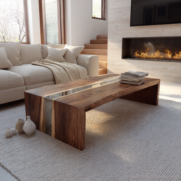 Handmade epoxy waterfall table with smooth transparent resin finish