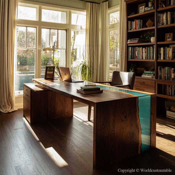 Handmade epoxy waterfall table placed in a home office