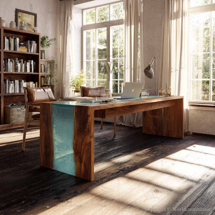 Luxury walnut epoxy waterfall table with teal resin workspace