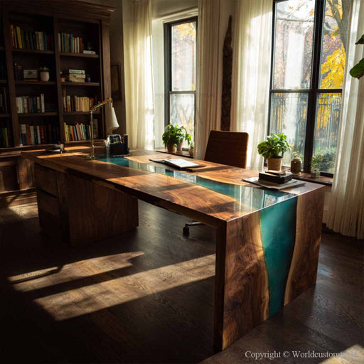 Modern study room featuring an epoxy waterfall table desk