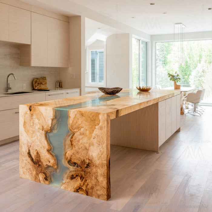 Epoxy river waterfall table styled in a modern interior setting