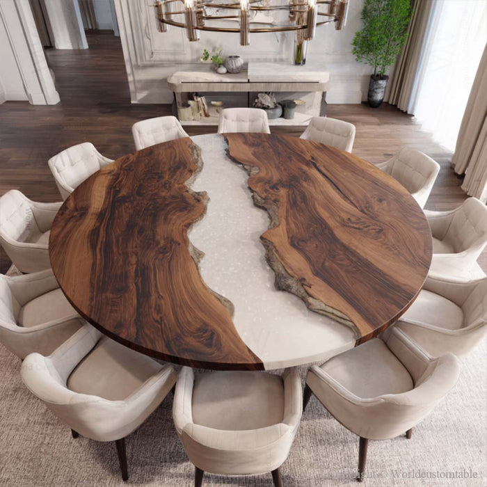 Handcrafted epoxy dining table showing edge detail and resin contrast