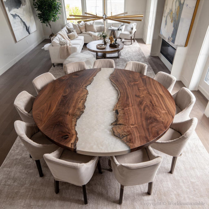 Top view of luxury round epoxy dining table with walnut wood grain