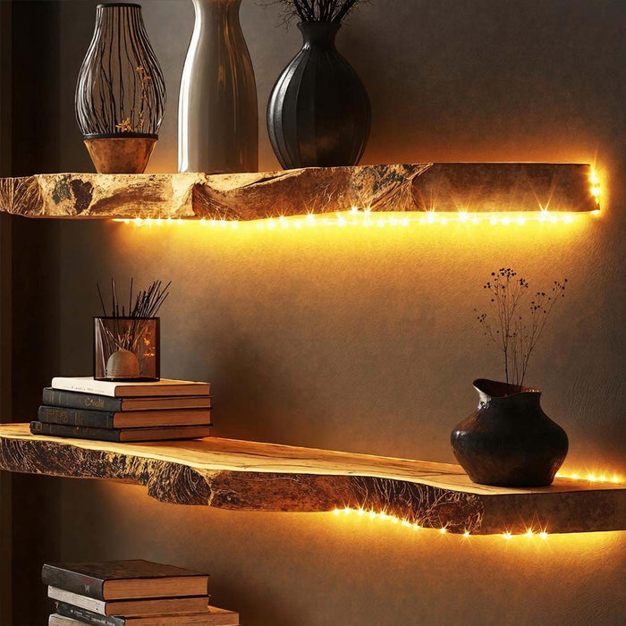 Wooden shelves with decorative items and warm LED lights against a dark wall.