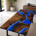 48 x 96 Black Walnut ocean epoxy dining table with blue resin and white wave details