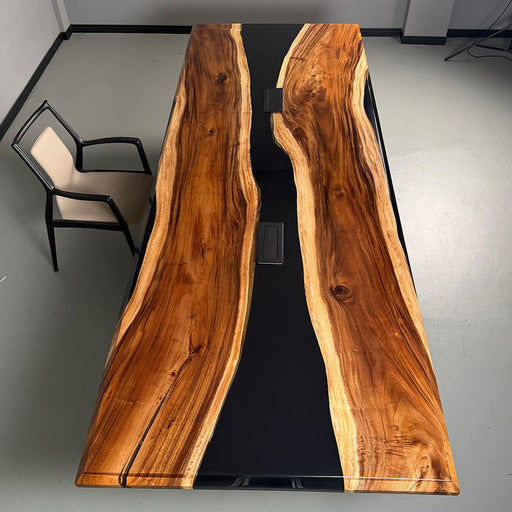 11 ft walnut epoxy conference table with natural live edge wood and black resin