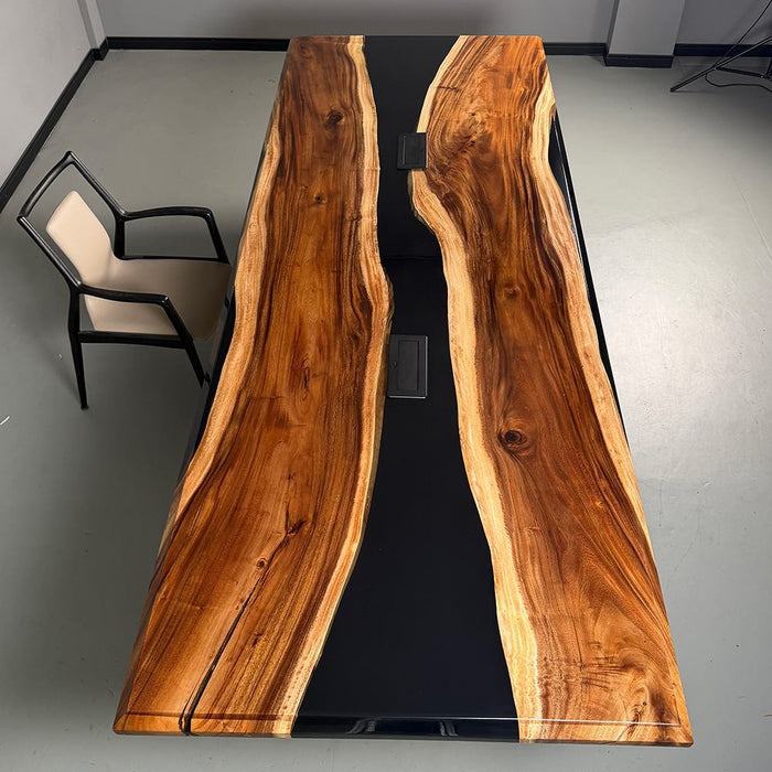 11 ft walnut epoxy conference table with natural live edge wood and black resin