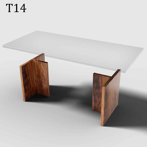 Modern table with wooden legs and a white top on a gray background