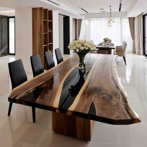 Custom live edge walnut resin dining table with organic wood edges, rich walnut grain patterns, and handcrafted epoxy resin details.