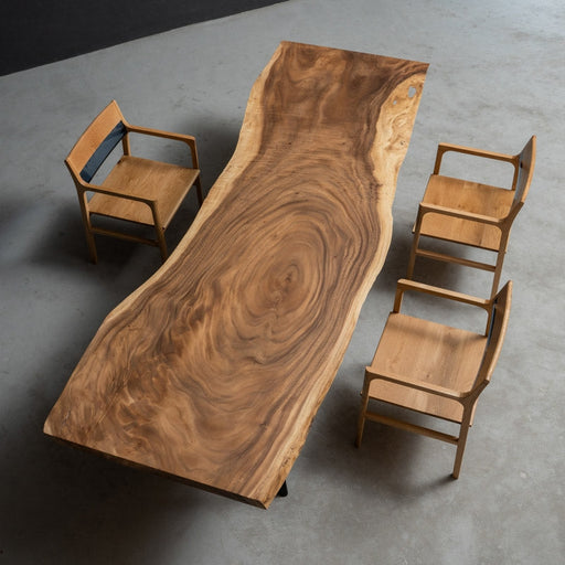 Handcrafted walnut solid wood slab dining table showcasing rich natural grain and smooth finish, perfect for modern and rustic dining rooms.