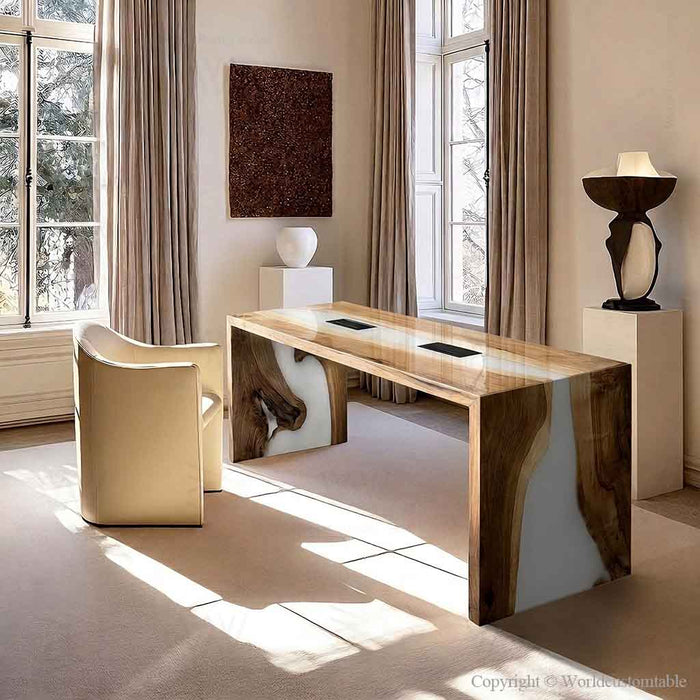 Modern office desk featuring white resin waterfall edge and walnut wood