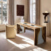 Modern office desk featuring white resin waterfall edge and walnut wood