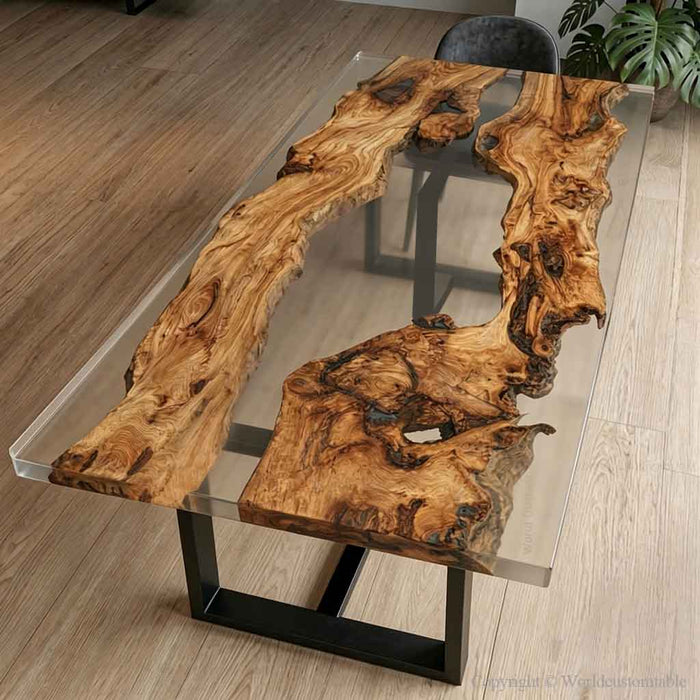 american dining room with epoxy dining table under natural light