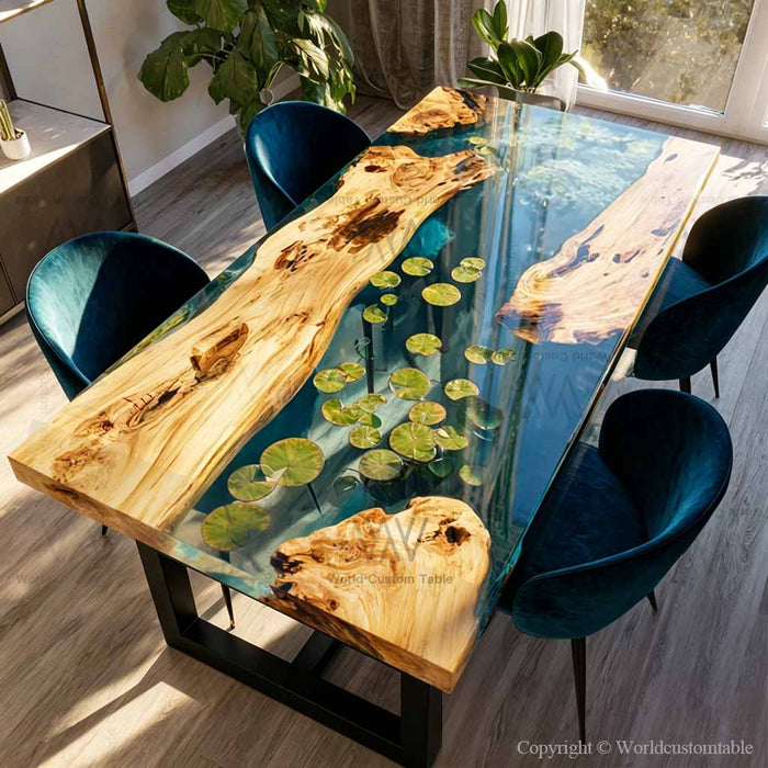 Aqua style epoxy dining table made from poplar wood natural edge design