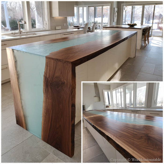 Artisan black walnut aqua epoxy table styled in luxury interior decor