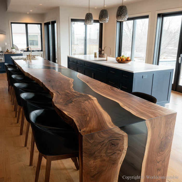 Artisan black walnut epoxy table styled in luxury interior decor