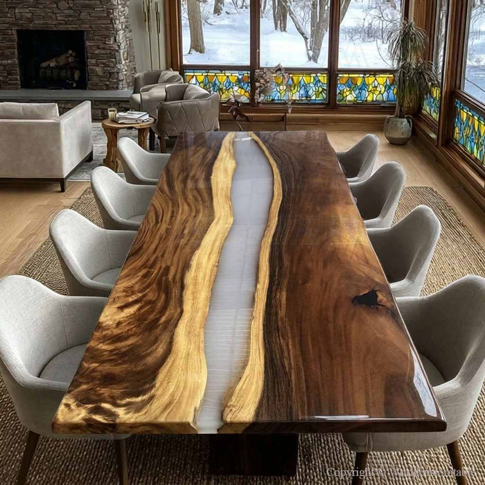 Dining room with a large wooden table and modern chairs, featuring a snowy outdoor view.