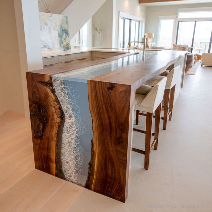 Artisan black walnut ocean epoxy table styled in luxury interior decor