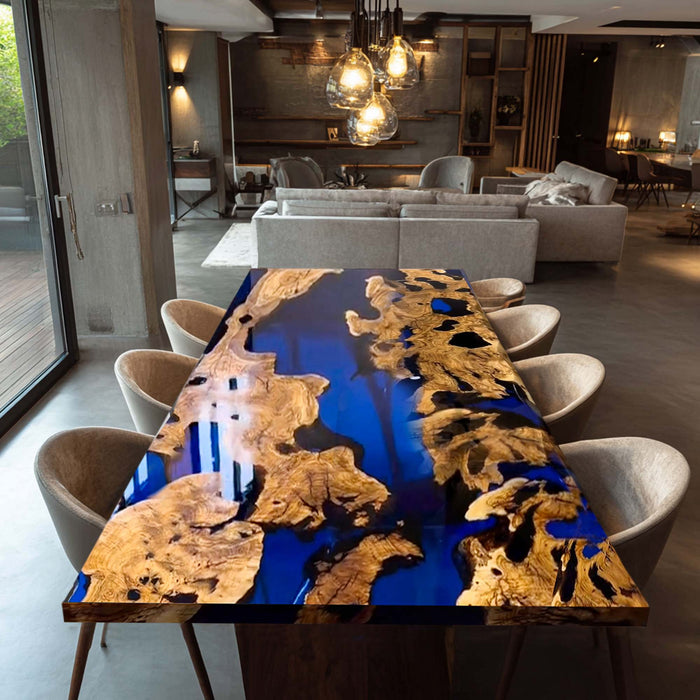 Dining table with blue and gold design in a modern living room