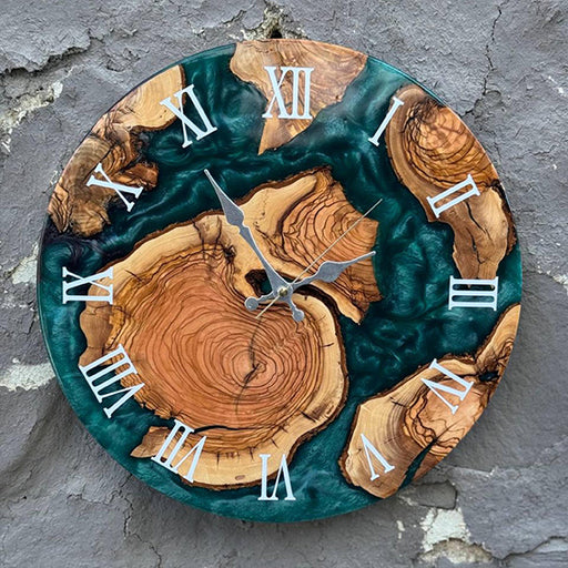 Artisan wall clock made of olive wood and translucent resin