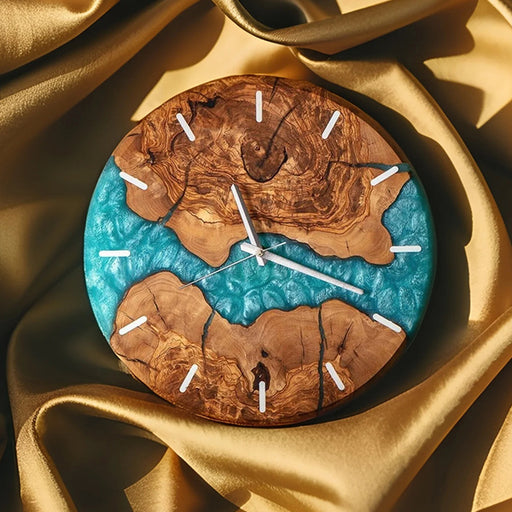 Artisan-crafted olive wood and resin clock with minimalist design