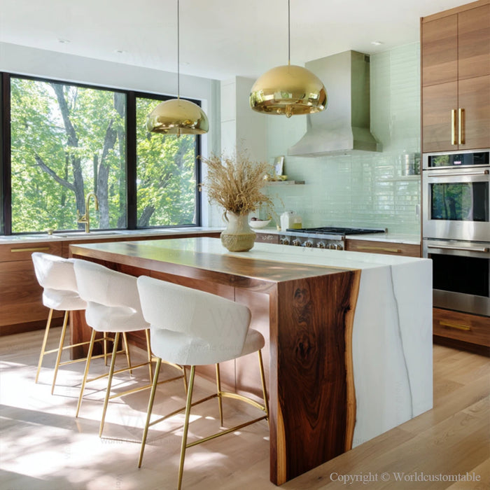 Artistic black walnut epoxy waterfall table for modern kitchen