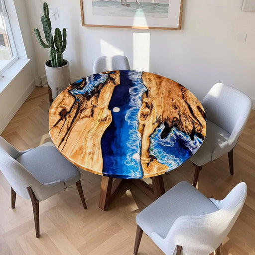 Artistic epoxy round table perfect for waterfront homes