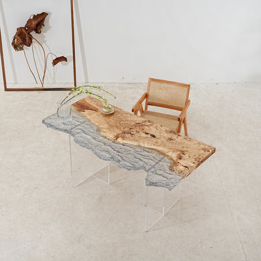 Custom ice crystal epoxy wood table with live edge wood – translucent design。