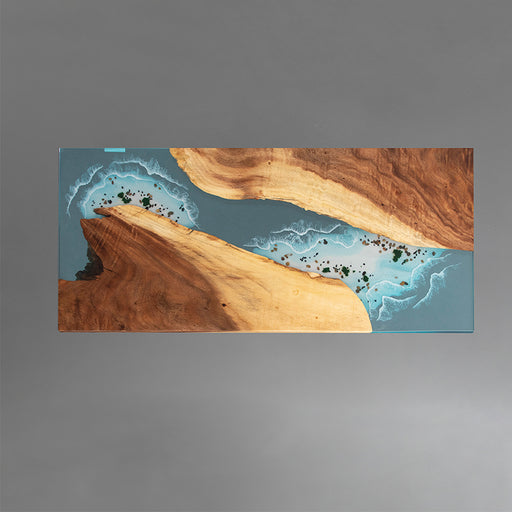 Artistic live-edge river table with blue resin for balcony coffee corners
