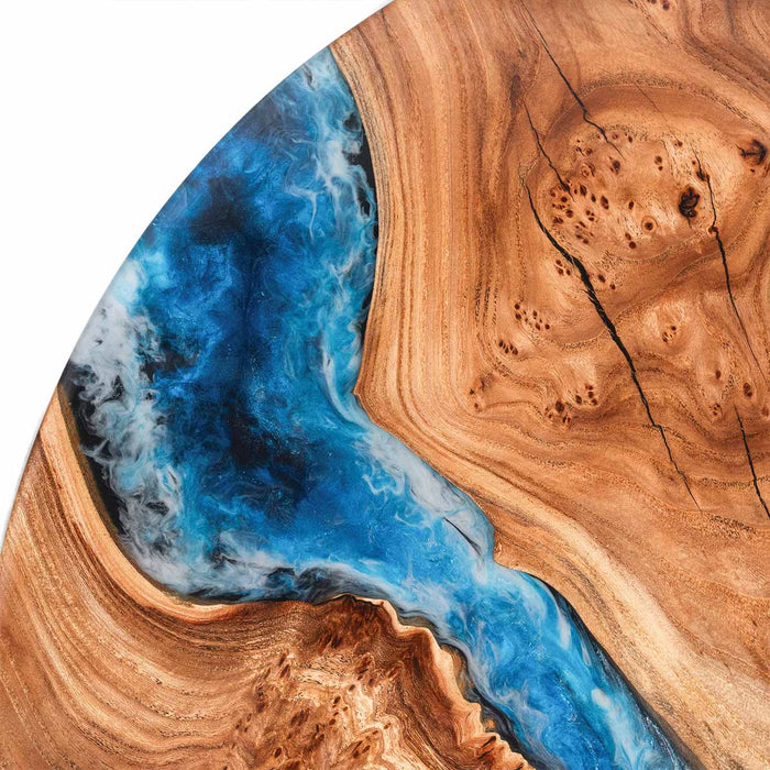 Artistic round river table with walnut and ocean blue resin design
