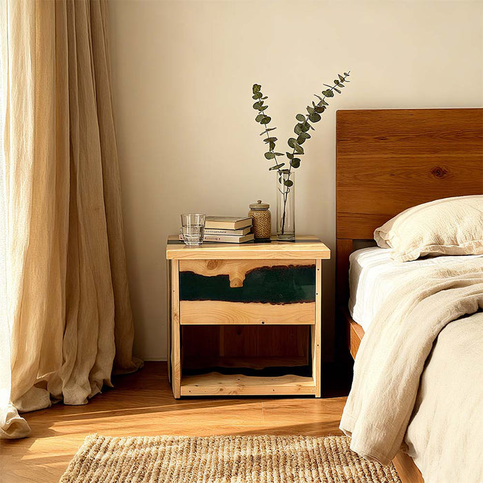 Handmade ash wood black epoxy bedside table with resin detail.