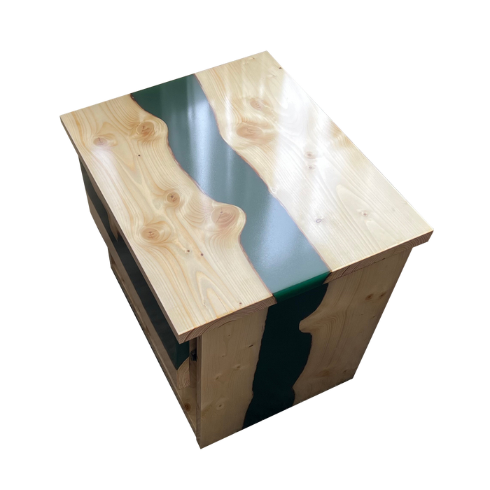 Ash wood epoxy nightstand with elegant black resin detail.