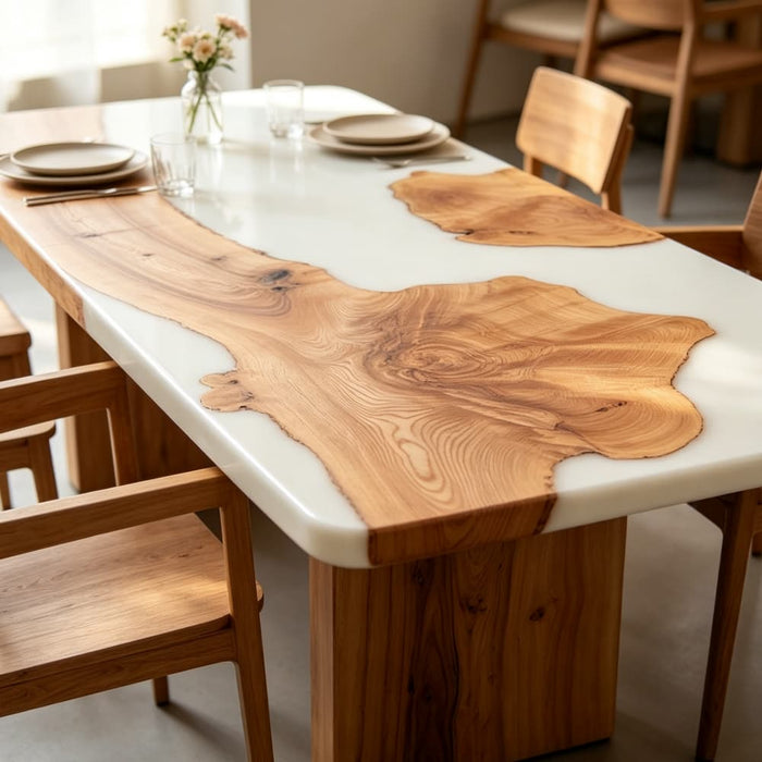 Ash wood white resin dining table for a modern dining room