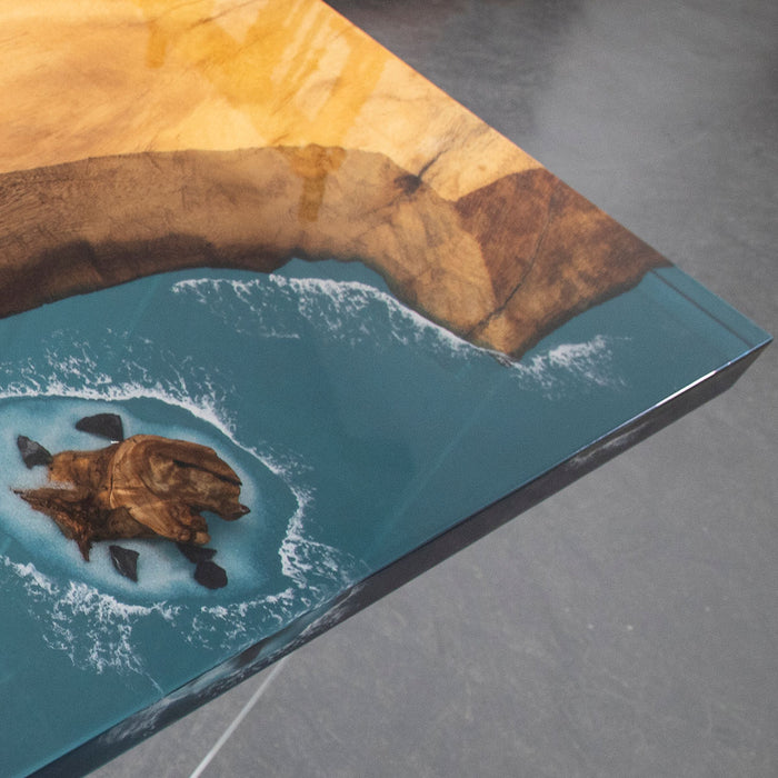 Beach-themed epoxy resin dining table with realistic water effect