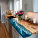 Beach-inspired walnut kitchen island with white water wave epoxy resin, durable waterproof kitchen slab