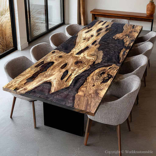 Bespoke olive wood resin conference table, large meeting table and resin dining table, handcrafted custom table designed for executive boardrooms and luxury spaces