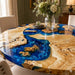 Artisan-made blue resin river table with a brushed finish highlighting natural wood grain.