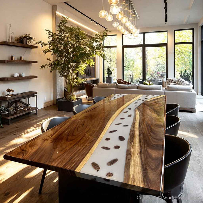Bespoke wood slab dining table with river resin in a bright interior.