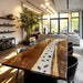Bespoke wood slab dining table with river resin in a bright interior.
