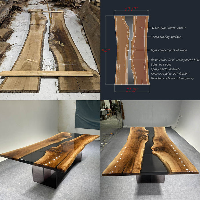 Collage of a wooden table with resin inlay, showing different views and technical details.