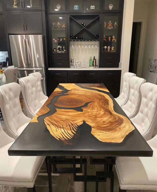 Handmade river table with live edge wood.