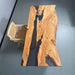 Wooden table with a natural, rustic finish on a gray background