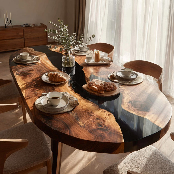 Dining table set with croissants, coffee, and a plant in a bright room.