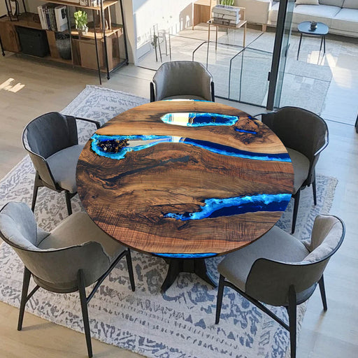 Black epoxy resin river dining table with live edge wood