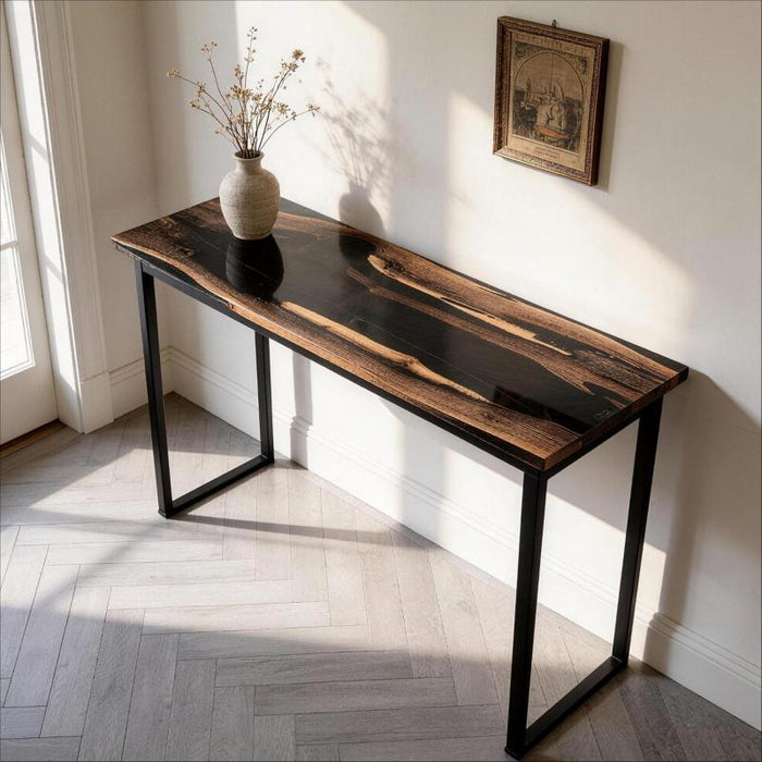 Black resin entryway console table with natural walnut wood