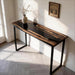 Black resin entryway console table with natural walnut wood