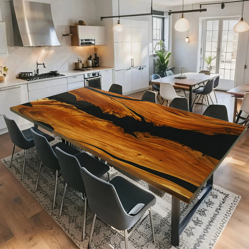 Large walnut dining table with black resin river design