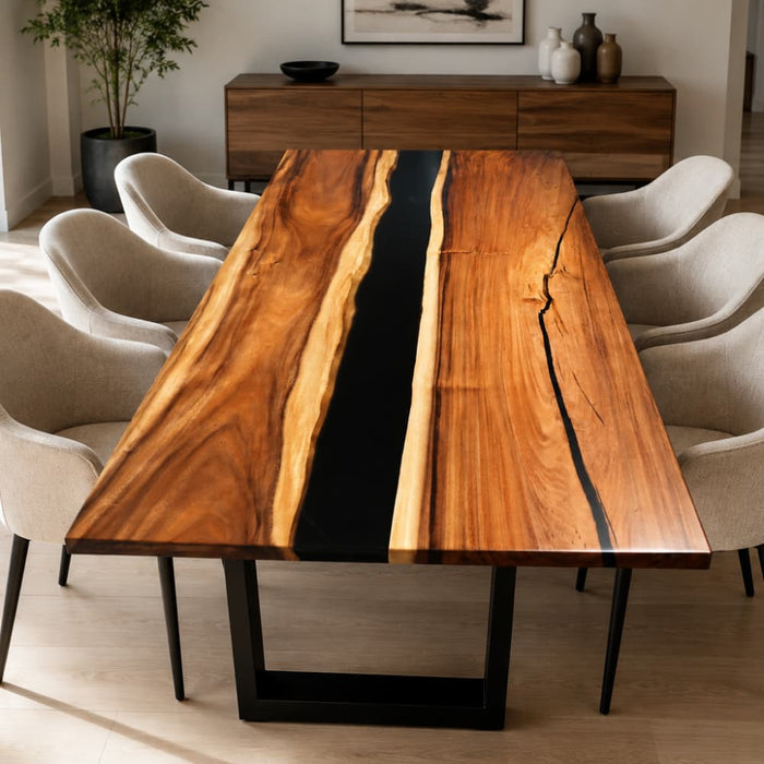 Walnut dining table featuring deep black epoxy resin in a modern design
